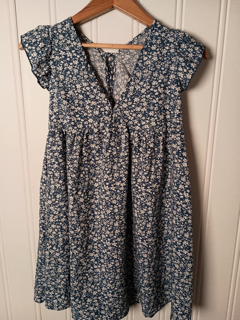 Shein- Blue Floral V-Neck Babydoll Dress- Size S